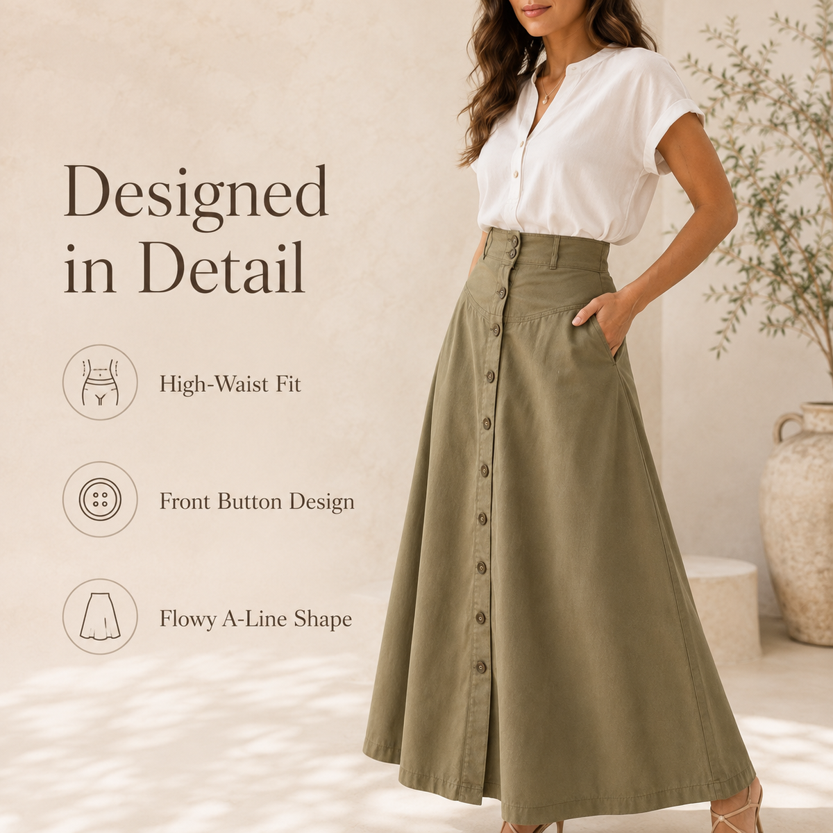 Button-Front A-Line Skirt