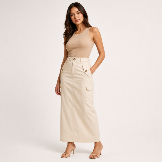 High-Waisted Utility Midi Skirt