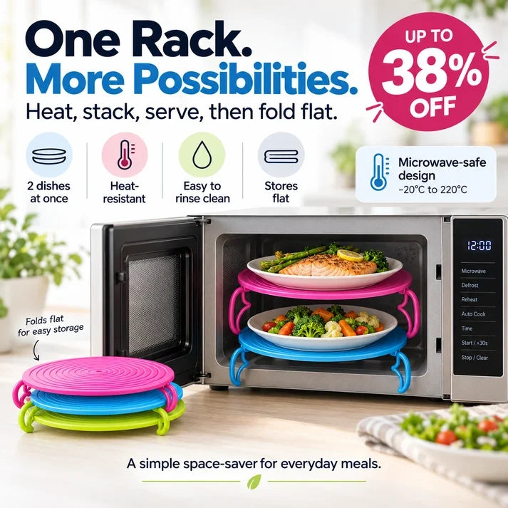 📢TWO PLATES. ONE CYCLE. MORE WAYS TO USE IT. Use it as a 2-tier microwave rack, then bring it to the table as a convenient plate mat.